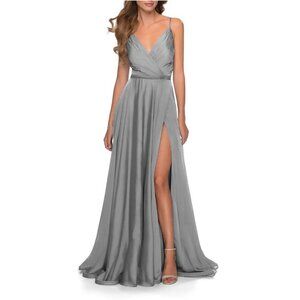 NWT La Femme Gray V Neck Chiffon Ballgown Sleeveless Wedding Maxi Dress Z41